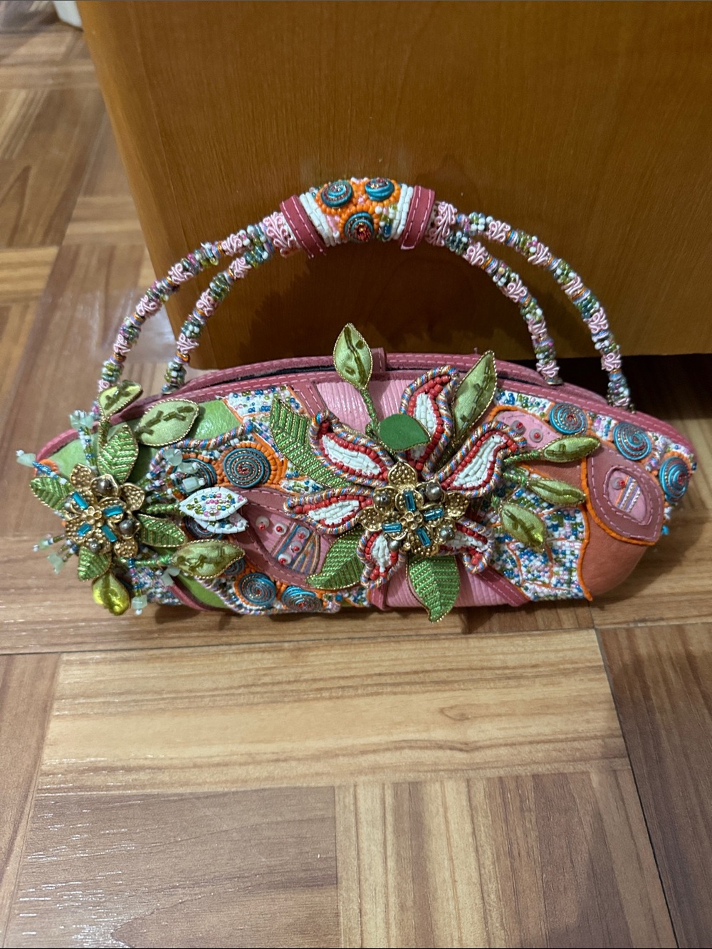 Mary Frances Pink Floral Beaded Embellished Clutch with Green Accents Mini Bag